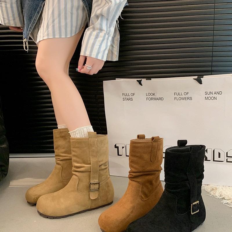 Retro design round head sleeve thin short boots women's autumn new niche versatile flat-bottomed fashion boots