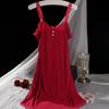 Women's Elegant Lace Trim Ribbed Nightdress Sleeveless V-Neck Button Decor Slip Dress Comfortable Sleepwear & Loungewear