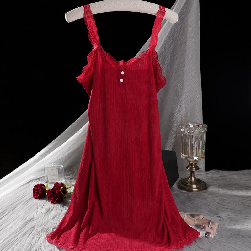 Women's Elegant Lace Trim Ribbed Nightdress Sleeveless V-Neck Button Decor Slip Dress Comfortable Sleepwear & Loungewear