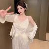 New Ice Silk Pajamas for Women with Chest Pads, National Style Jacquard Suspenders, Three-piece Set of Pure Desire Silk Loungewear