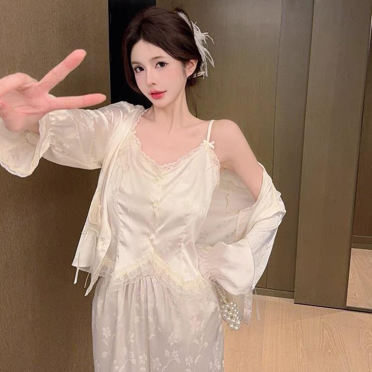 New Ice Silk Pajamas for Women with Chest Pads, National Style Jacquard Suspenders, Three-piece Set of Pure Desire Silk Loungewear
