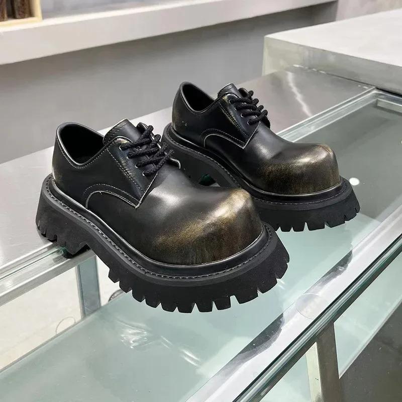 Fashion Couple Shoes High Quality Leather Casual Shoe Big-headed Round Head Derby Shoe Thick Sole Platform Shoes Men Women Shoes