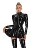 Sexy Women Pu Pvc Latex Pleated Micro Mini Dress Wetlook Tights Dress Sweat Uniform Maid Dress Stage Ruffled Dress Long Sleeve