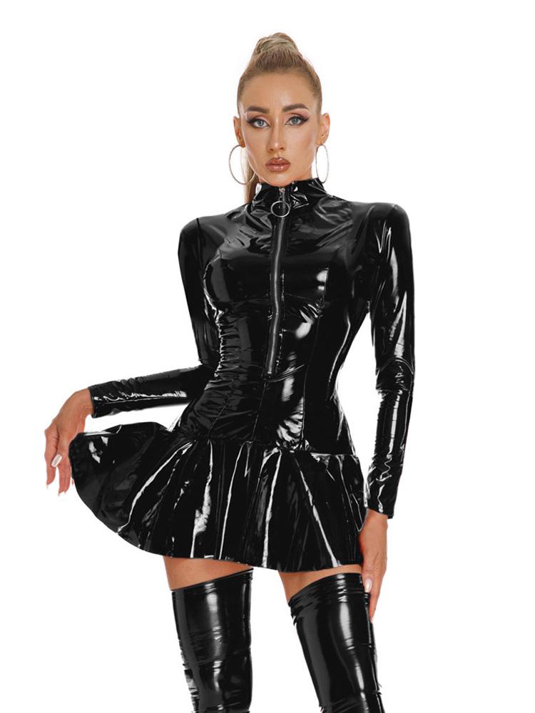 Sexy Women Pu Pvc Latex Pleated Micro Mini Dress Wetlook Tights Dress Sweat Uniform Maid Dress Stage Ruffled Dress Long Sleeve