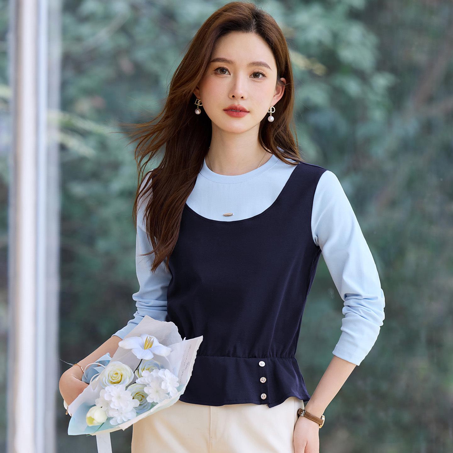 Women s High-End Two-Piece Design Long-Sleeve T-Shirt - 2026 Spring/Autumn Bestseller Short Top XL королевский синий