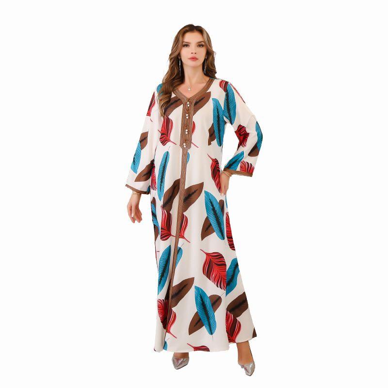 Indonesia Cross-Border Amazon Middle East Print Robe Female DUBAI Turkish Robe A- line Long Dress Dresses