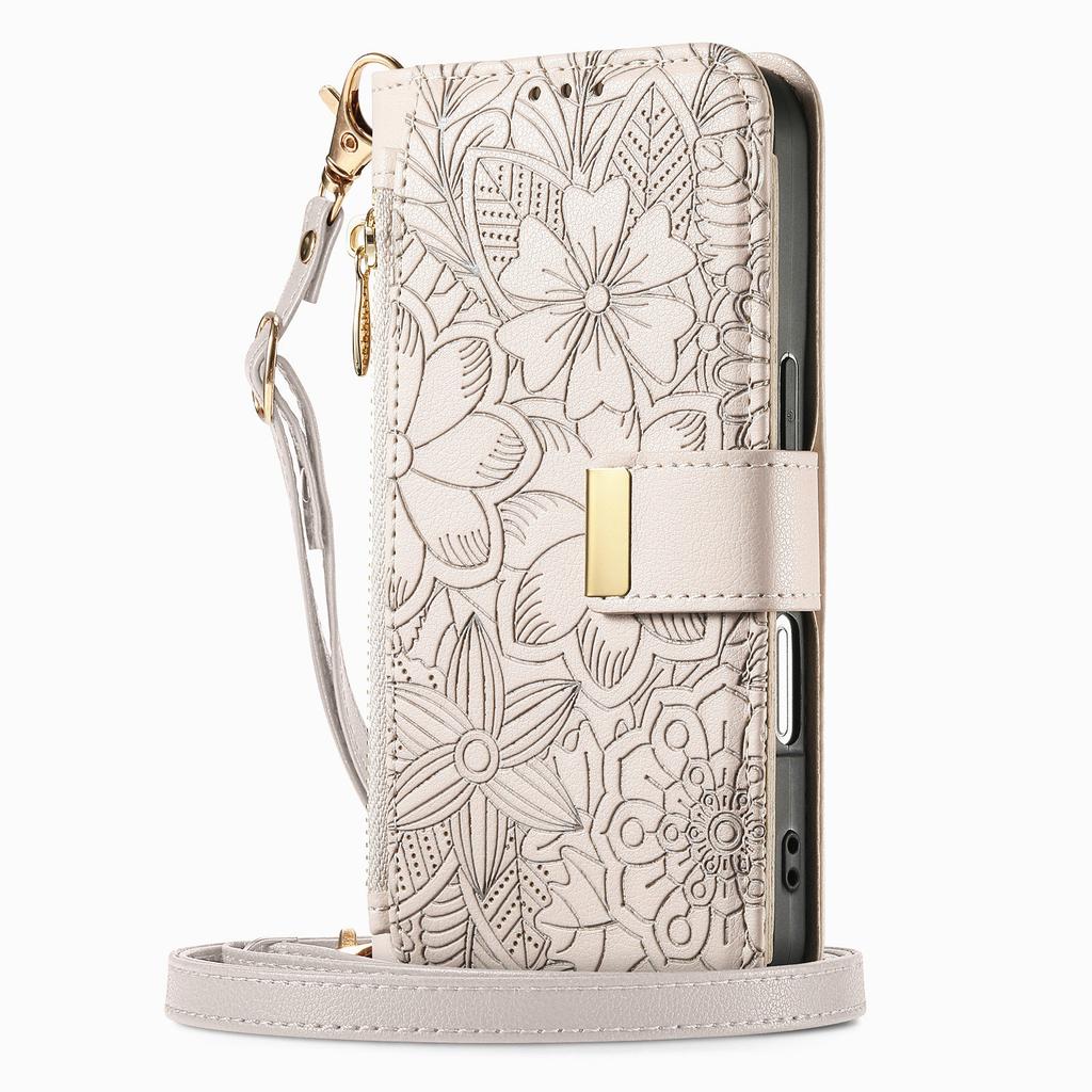 Florales Leder-Wallet-Case für iPhone 12-17 Serie. mit abnehmbarem Schultergurt