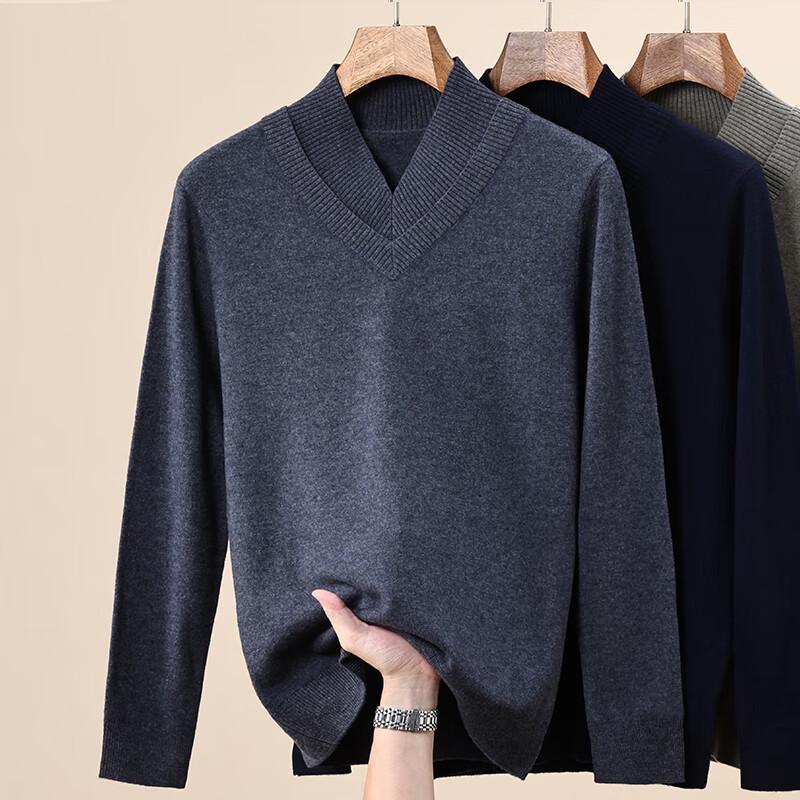 Hengyuanxiang Men's Autumn/Winter 100% Wool Faux Two-Piece V-Neck Sweater