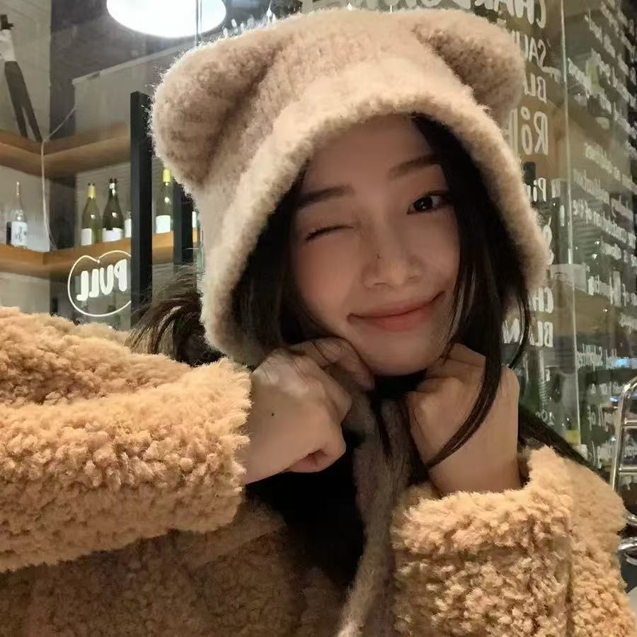 Bear Ears Plush Hat Women's Autumn and Winter Warm Ear Protector Big Head Circumference Show Face Small Wool Hat Pullover Hat