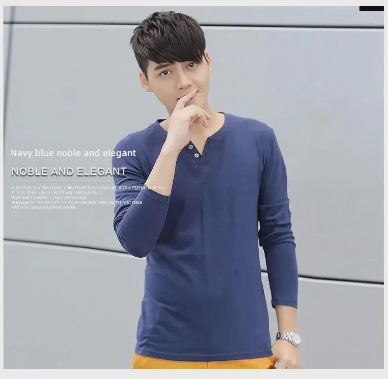 Herren-T-Shirt aus Baumwolle im koreanischen Stil mit V-Ausschnitt und langen Ärmeln und schmaler Passform