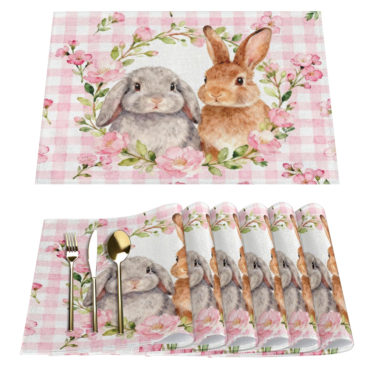 

Easter Placemats Set of 6 - Bunny Leaves Bow Linen Place Mat Washable Non-Slip Table Mats 6PCS