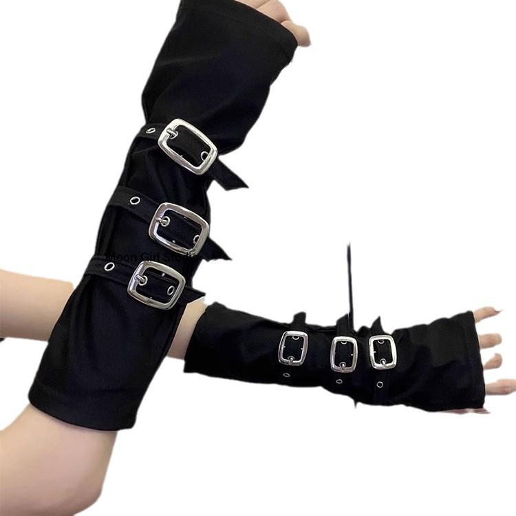 Black Fingerless Arm Sleeves with Metal Buckle - Women's Autumn-Winter Dark Punk Style Sun Protection Gloves