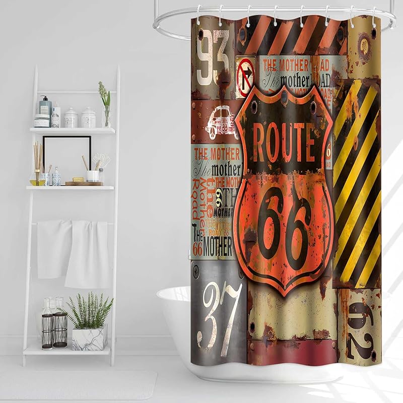 Route 66 Shower Curtain for Bathroom, Retro Route 66 American Road Sign Highway Shower Curtain Sets with 12 Hooks, 72x72inch YLDWTP0213 36 W x 72 L (Pack of 1)