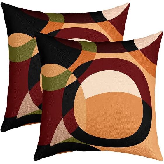 Pack of 2 Geometric Brown Red Green Decorative Throw Pillow Covers, Soft Geometry Square Cushion Case Set for Couch Sofa Bedroom Living Room, Stripe