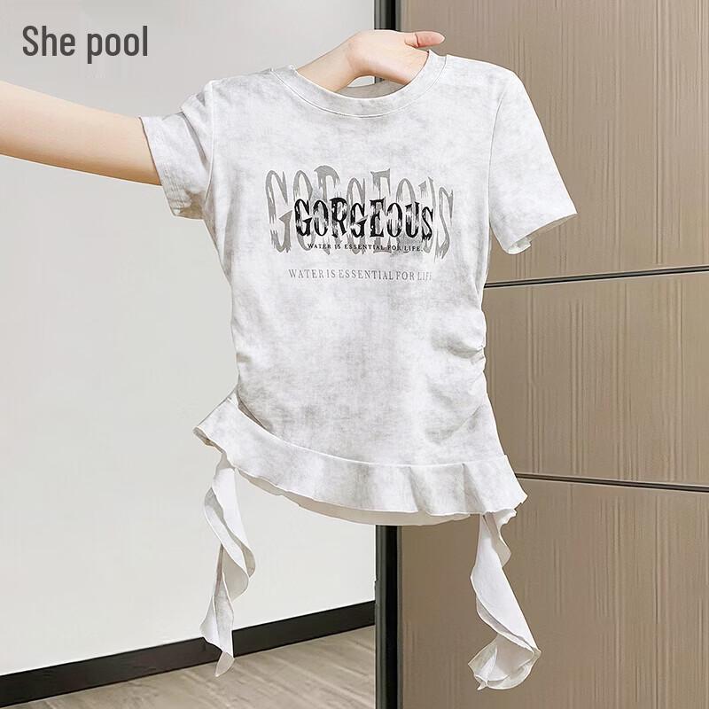 Shechi Women s Letter Print Round Neck Ruffle Hem Short Sleeve T-Shirt M
