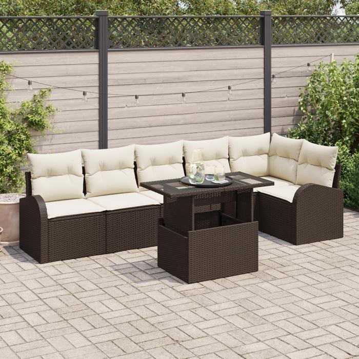 Ensemble Canapé Jardin 7 Pièces avec Coussins Marron Rotin Poly, Canapé Jardin 2 Places avec Rangement et Coussins Marron 3357391
