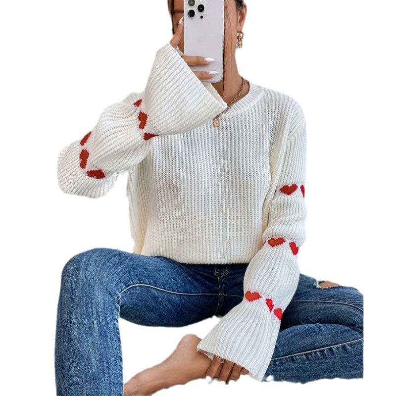 Autumn and winter European and American sweater for women, loose long-sleeve elbow heart pullover crew neck knit top for women