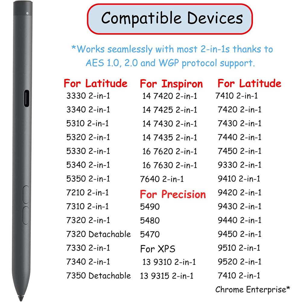 PN7522W Rechargeable Active Pen Stylus Pen 4096 Level Pressure Sensitiv for Dell Latitude 5350 2in 1 7320 for Dell XPS 13 9315