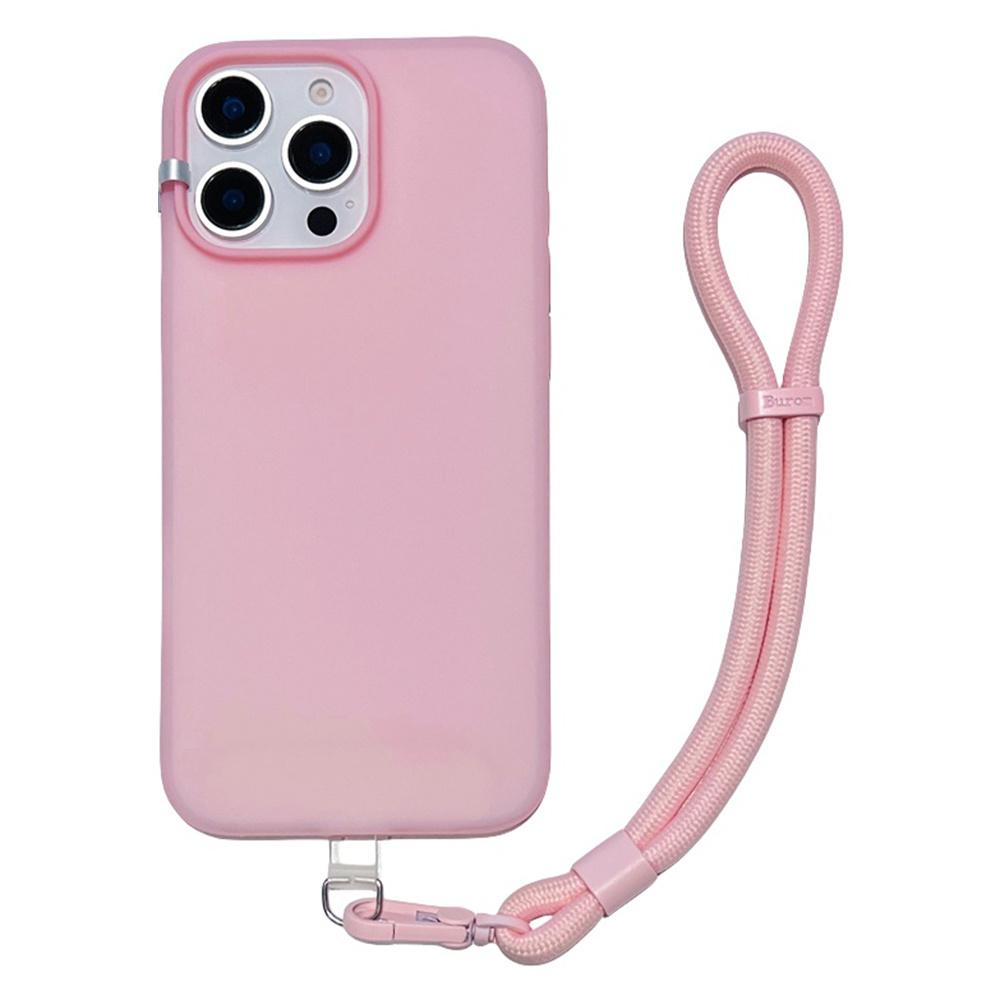

For iPhone 14 Pro Max Case Ice-Transparent Liquid Silicone+PC Phone Cover with Wrist Strap Pink