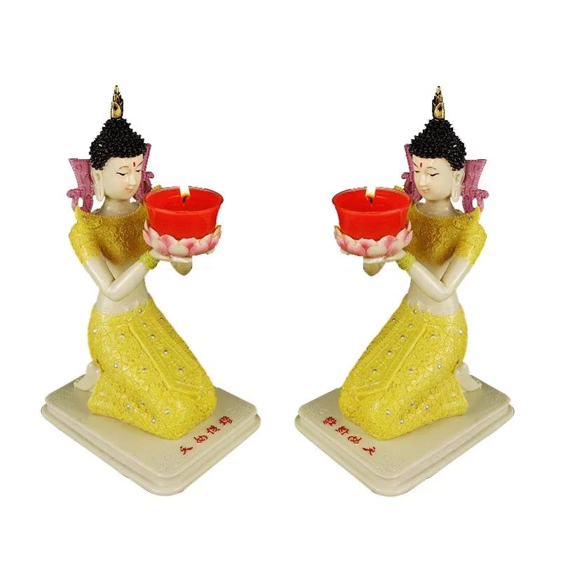 1 Pair Resin Dunhuang Fairy Lamp Holders Chinese Lotus Buddha Front Lamp Holder Offering Feng Shui Ornaments Candlestick Holder
