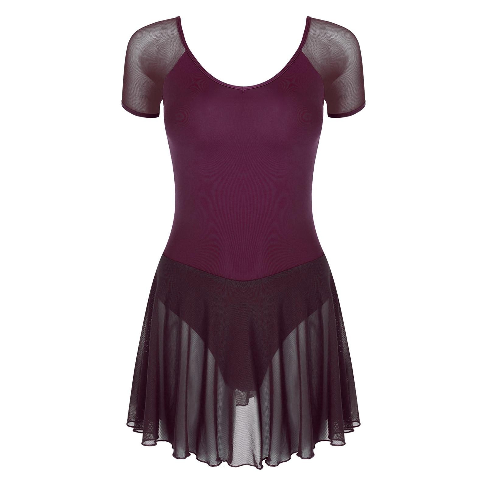 

Женский прозрачный сетчатый купальник с открытой спиной и оборчатой юбкой для балета, гимнастики, тренировок и выступлений на сцене S темно-фиолетового