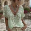 Women T-shirt V-Neck Short Sleeve 3D Imitation Jacquard Flower Decor Pullover Tops Loose Fit Summer Blouse Daily Wear