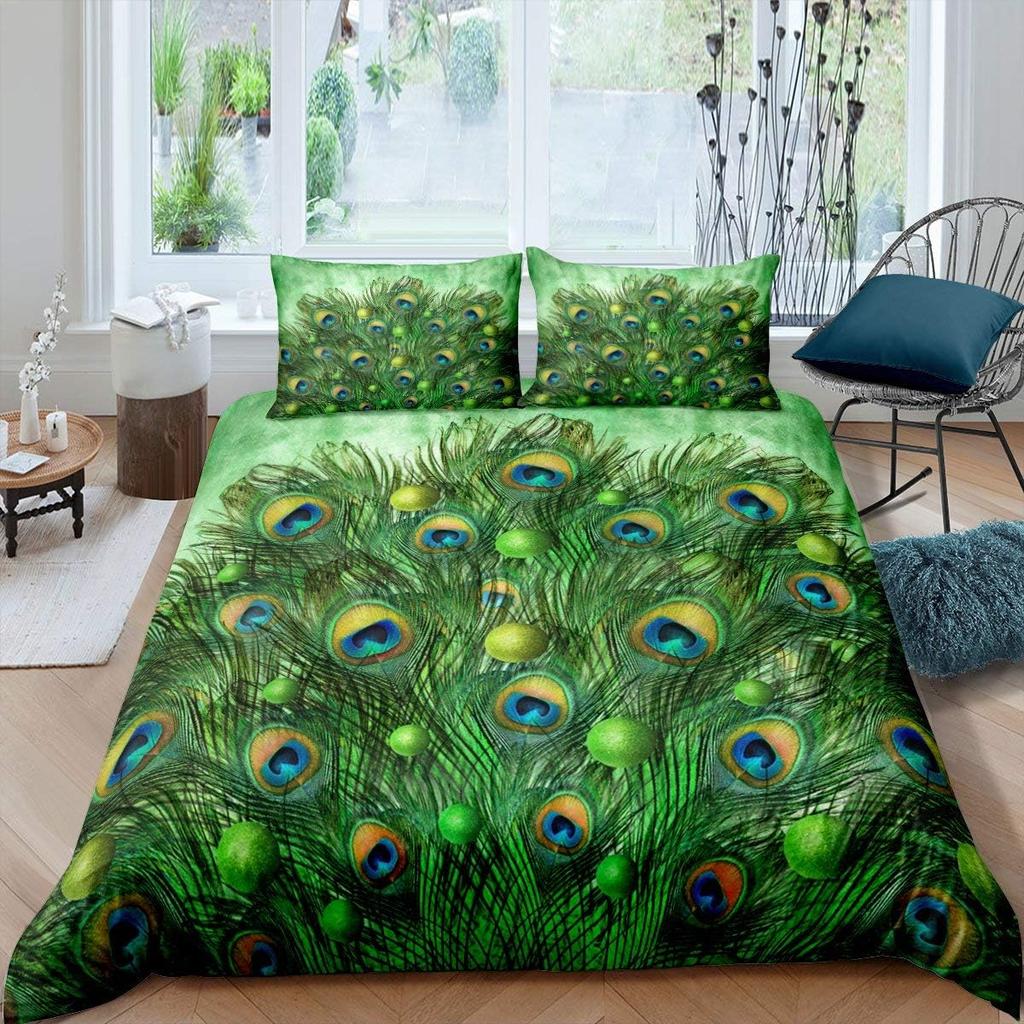 Peacock Feather Duvet Cover Queen Rustic Wildlife Woodland Animal Bedding Set for Boys Girls,Watercolor Peafowl Comforter Cover
