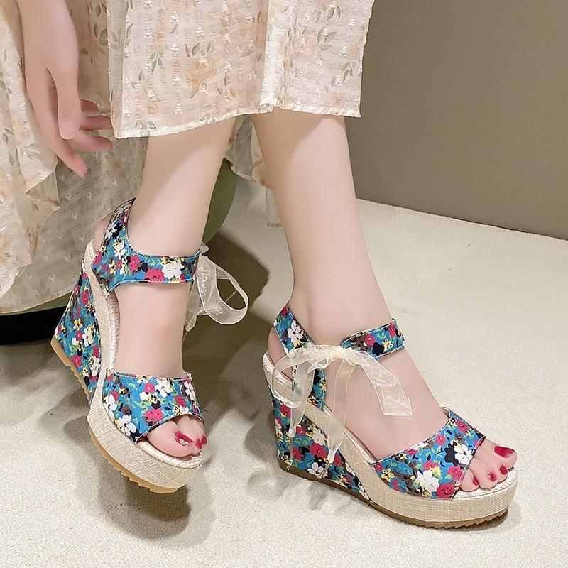 Bandage muffin sandals women's spring and summer high-heeled wedge heel sexy fish mouth platform high-heeled sandals women