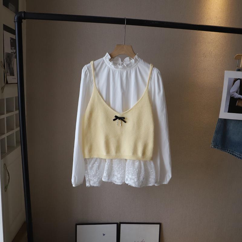 

Bi Zheng Весна 2025 Комплект из двух предметов: рубашка и вязаный топ на бретелях с корейской кружевной отделкой для женщин One Size жёлтый