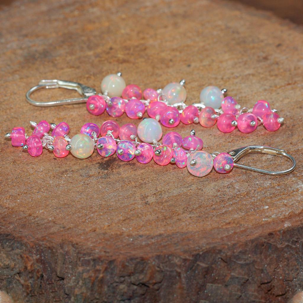 AAA Ethiopian White and Pink Opal Beads Cluster Earring, MultiFire Opal Round Beads Earring, Opal Smooth Earring for Women, Delicate Earring