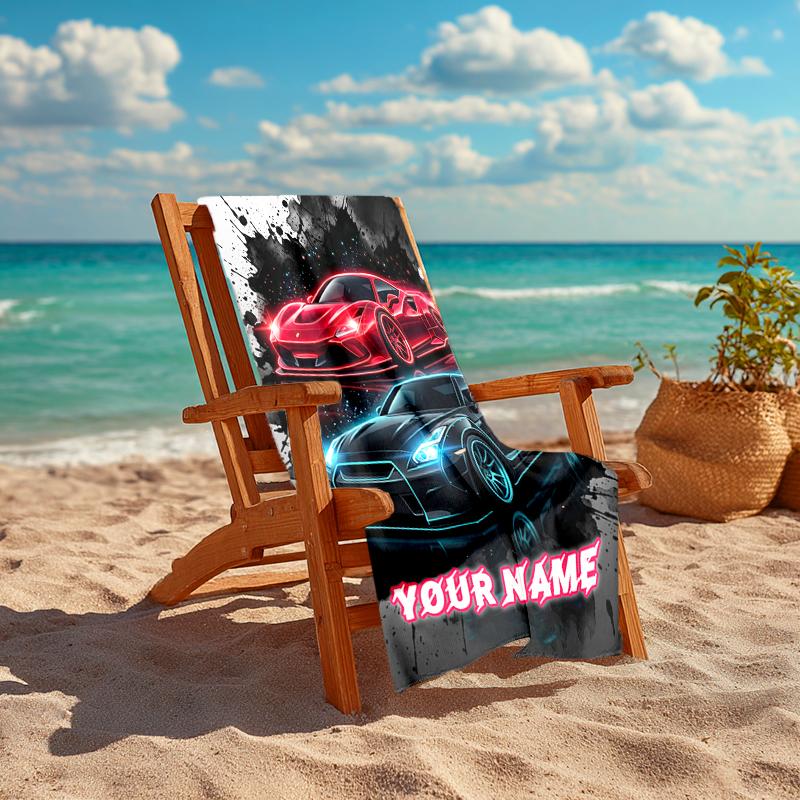 1PC Custom Name "Neon Sports Cars Artwork" Beach Towel Highly Absorbent And Sand-Resistant Towel for Swimming, Pool, Yoga, And Travel Lightweight