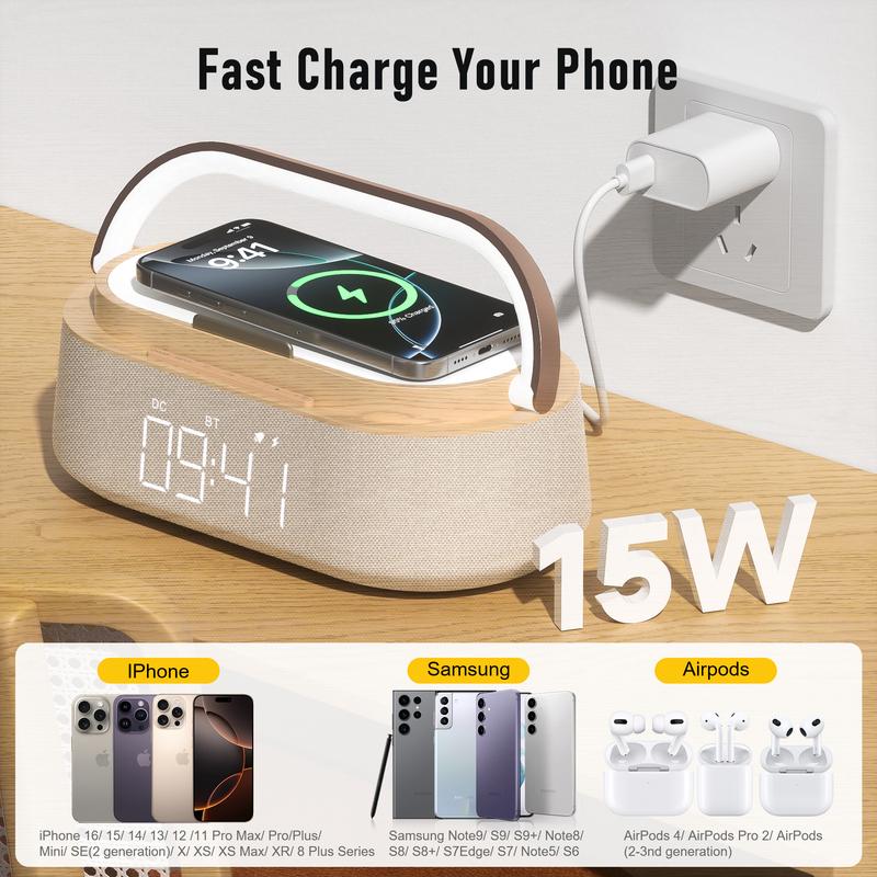 Portable Dual Alarm clock Bluetooth Speaker, Phone holder Wireless Charger, FM Radio & Dimmable Light for Bedroom Office Home Gift Giving