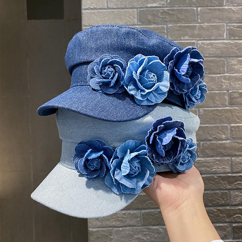 Ladies New Denim Beret Hats Flower Cowboy Vintage Luxury Hat Women Retro Casual Painter Hat Female Trendy Spring Autumn Hat
