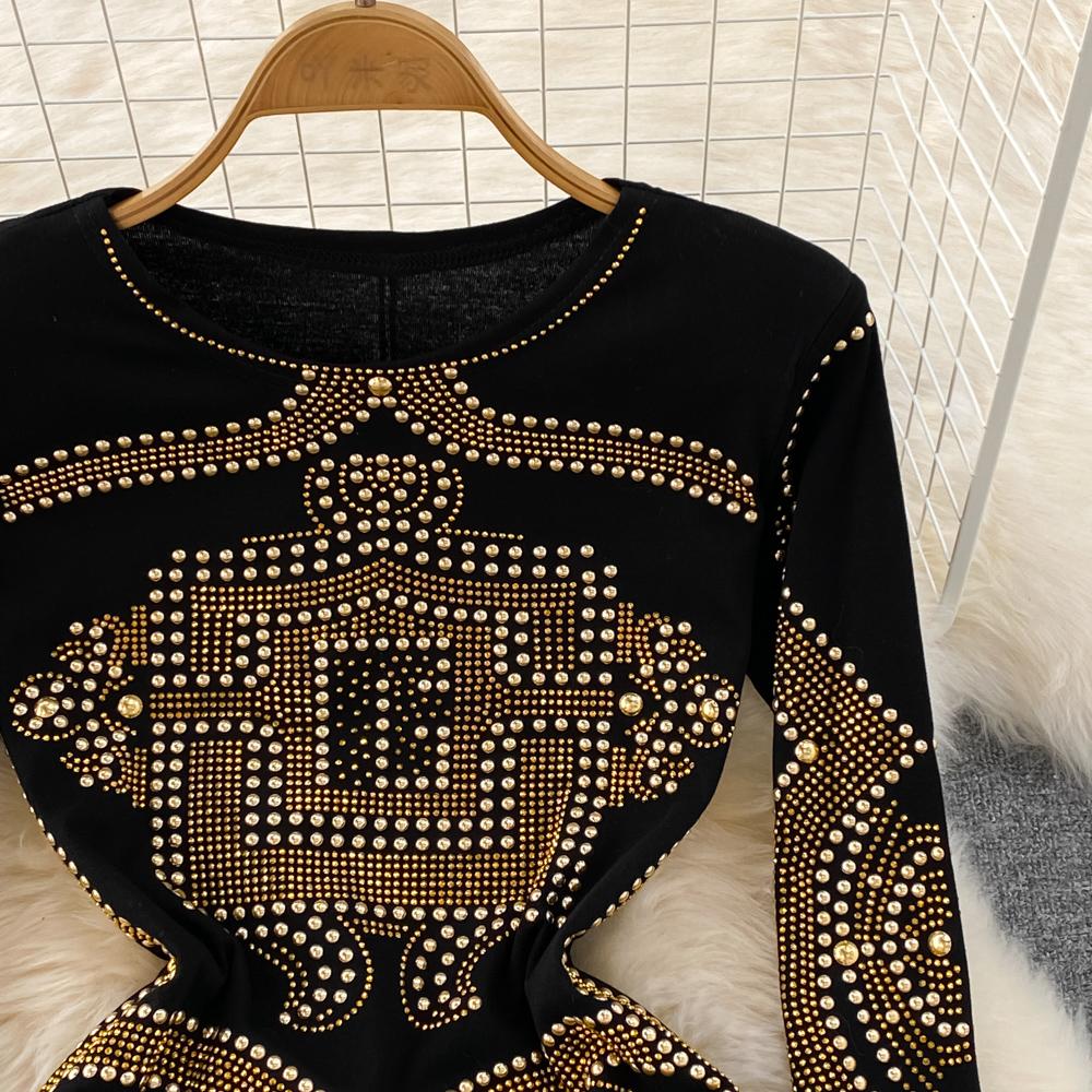 Autumn and Winter European and American Light Luxury Temperament Round Neck and Diamonds Waist and Hip Bottoming Dress