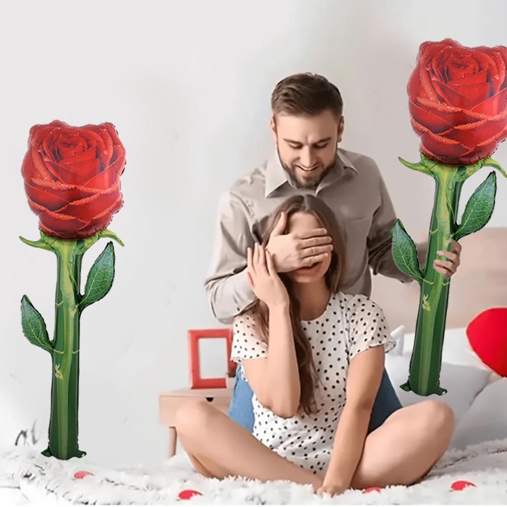 1 Artificial Rose Flower, 1 Large Rose Aluminum Foil Balloon, Suitable for Valentine's Day, Birthday Parties, Confession and Proposal, Wedd
