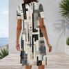 Women Plus Size Round Neck Short Sleeve Printed A Line Flared Hem Navy Blue White Dress