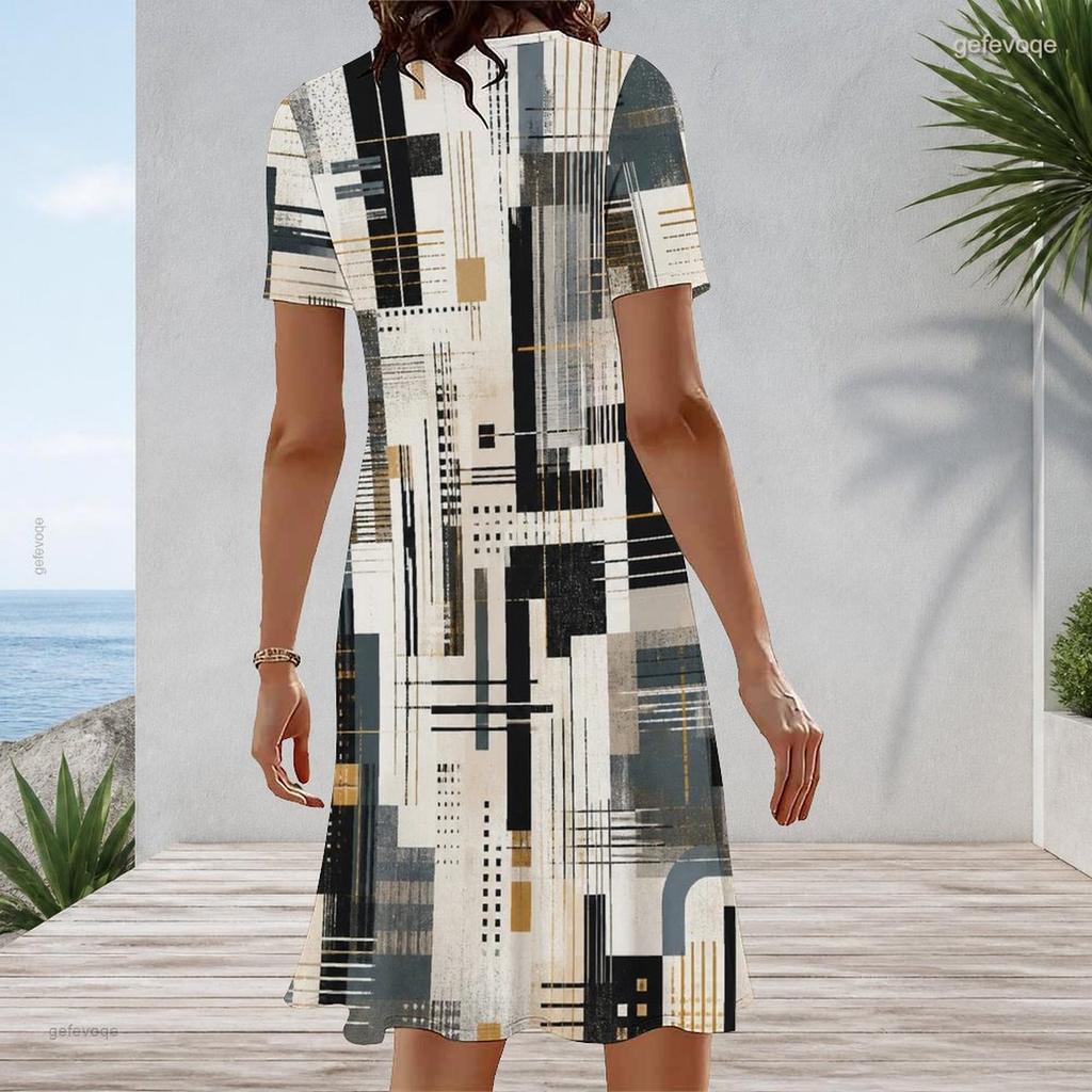 Women Plus Size Round Neck Short Sleeve Printed A Line Flared Hem Navy Blue White Dress