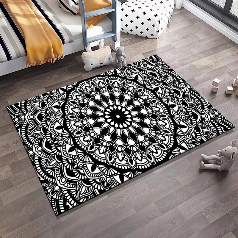 Black and White Mandala Design Rug Non-slip rug suitable for living room and bedroom sofas