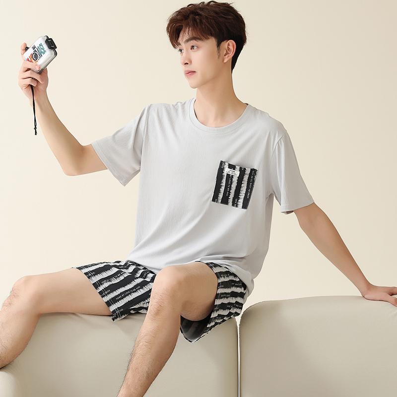 2025 summer thin cotton Men Pajamas short Sleeve tops and shorts sleepwear plaid Student Pajamas set casual plus size Pullovers Homewear