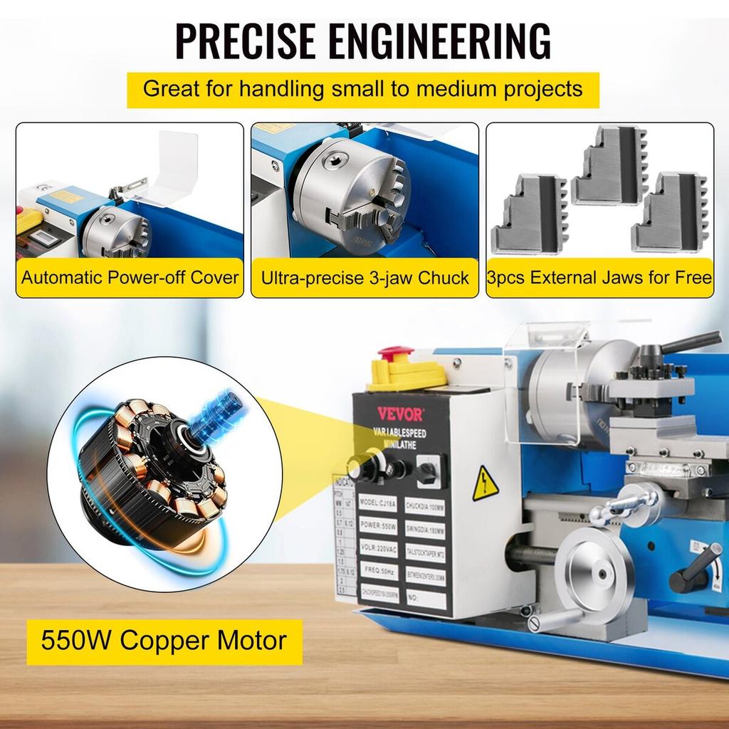 Mini Metal Lathe, 7"x14" Benchtop Metal Lathe, 550W Variable Speed 2250RPM Metal Lathe, with 3-jaw Chuck CNC Mini Lathe Machine, Precision Mini Lathe