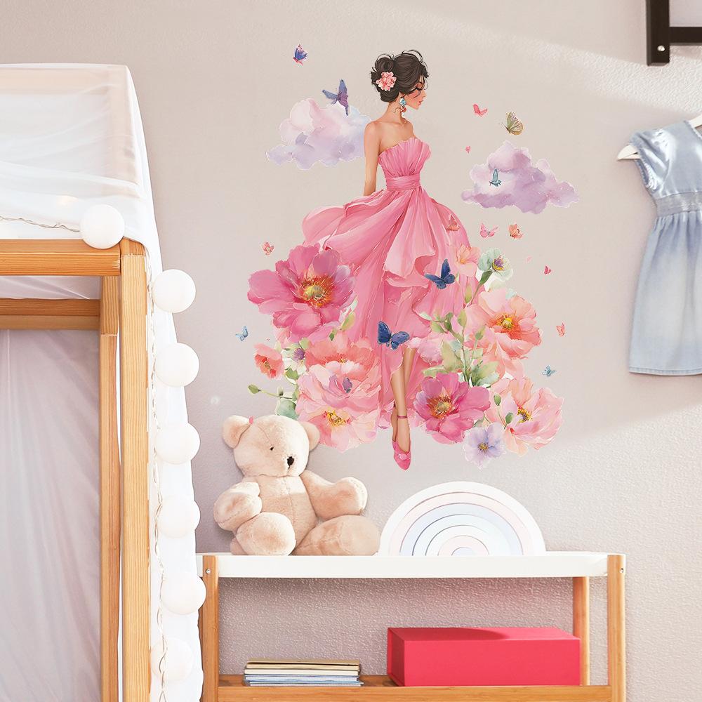 Fantastical Flower Fairy with Clouds and Butterflies Wall Sticker Enchanting Dreamy Self-Adhesive Removable Decor for Living Room Bedroom Girls Room