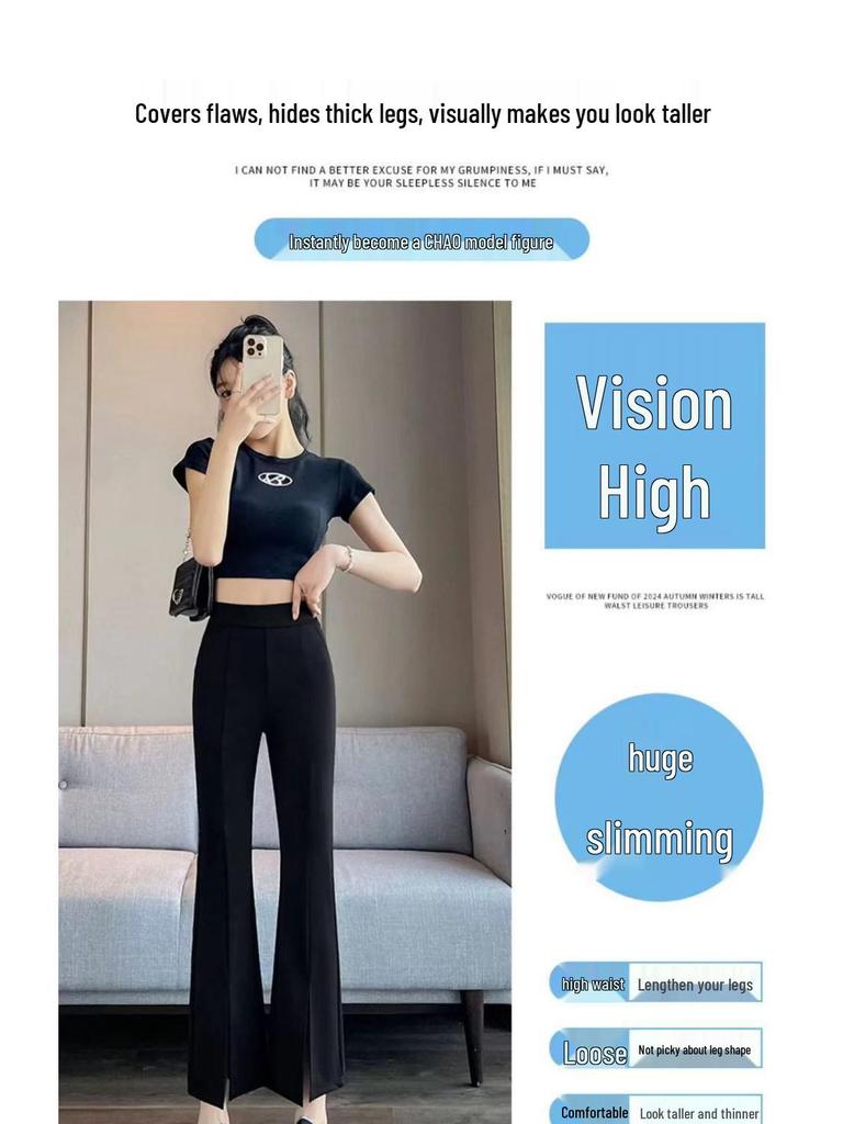 Women's High Waist Flared Black Pants - Slimming, Elastic, Split Hem, Casual - Small Size for Petite Figures, Summer Wear