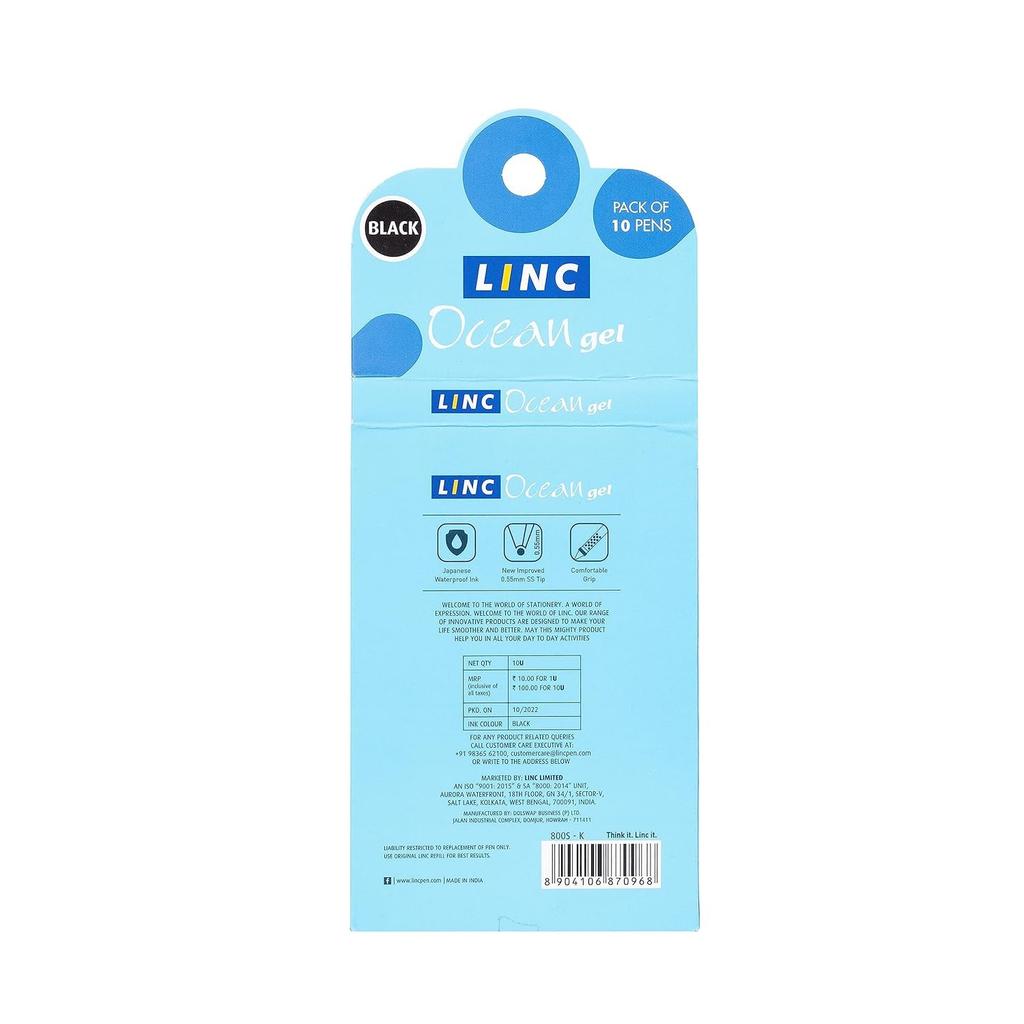 Linc Ocean Classic 0.55mm Black Ink Gel Pen Smooth Writing for Office School Home Use Click Off Cap Pack of 1 X 10 PCS
