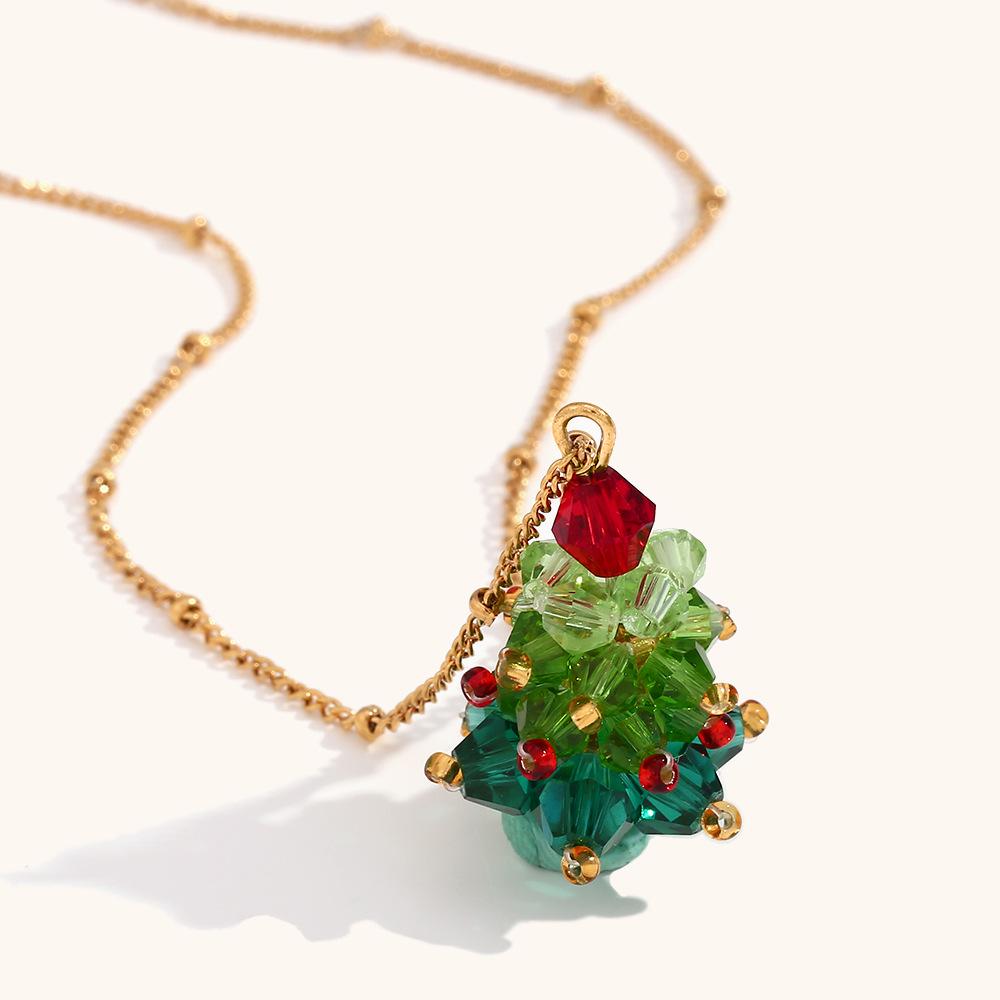 Handmade Crystal Christmas Tree Earrings & 18K Gold-Plated Necklace: Festive Jewelry for Women
