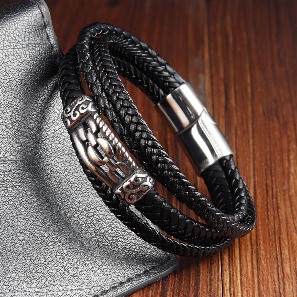 Black Leather Rope Cowhide Men's Double-layer Genuine Leather Woven Bracelet Handmade Multi-layer Leather Bracelet