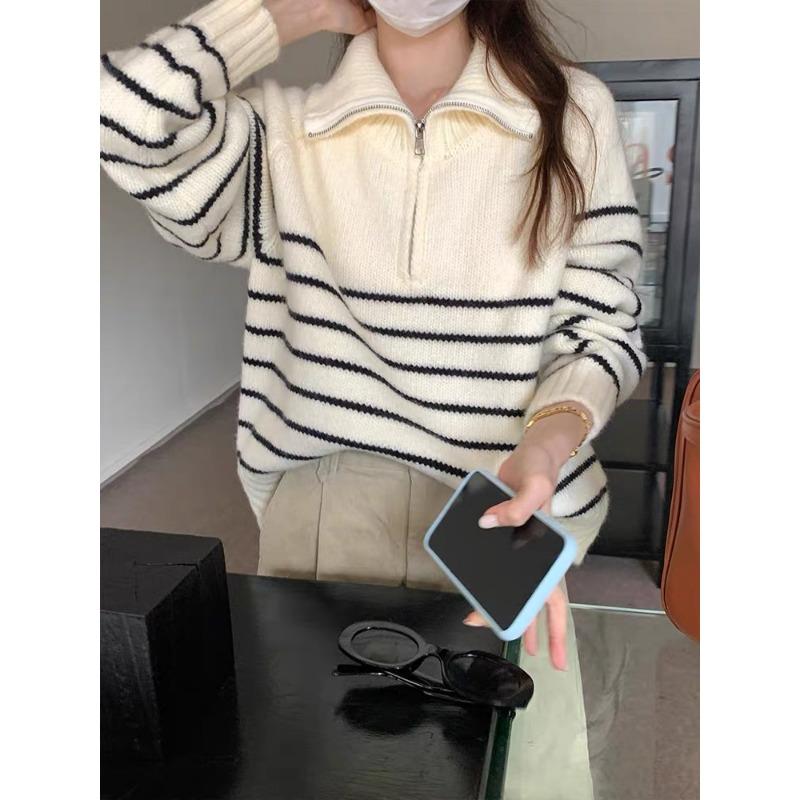 New Loose Casual Knitted Pullover Striped Women Sweater Autumn/Winter Half Zipper Fashion Korean Long Sleeve Short Top Office Knitwear Simple Clothing