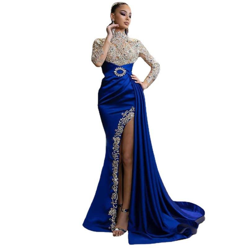 Europäisches und amerikanisches neues Abendkleid ebay Damenbekleidung blau gesprenkelt gold Rundhalskleid langes Kleid Damen