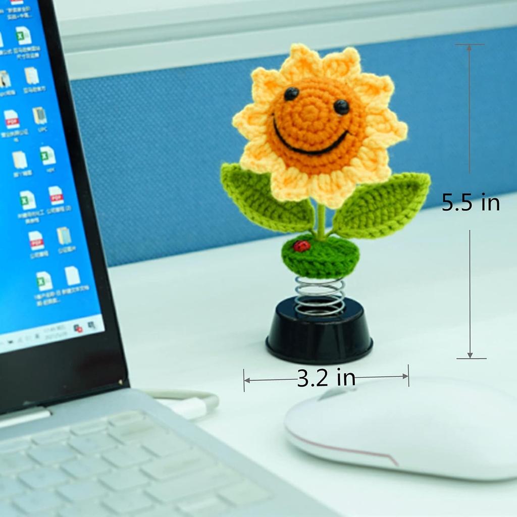 Levvohd Sunflower Car Accessories Dashboard Decorations, Crochet Smiley Shaking Sun Flowers Bobblehead Cars Decor For Women, For Cute Girl Interior