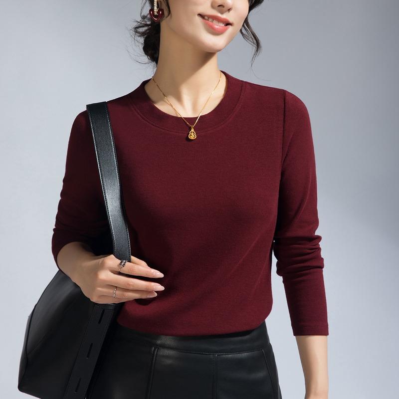 Sheep wool bottoming shirt women's summer model with new long-sleeved t-shirt crew neck slim-fit top black can be worn outside