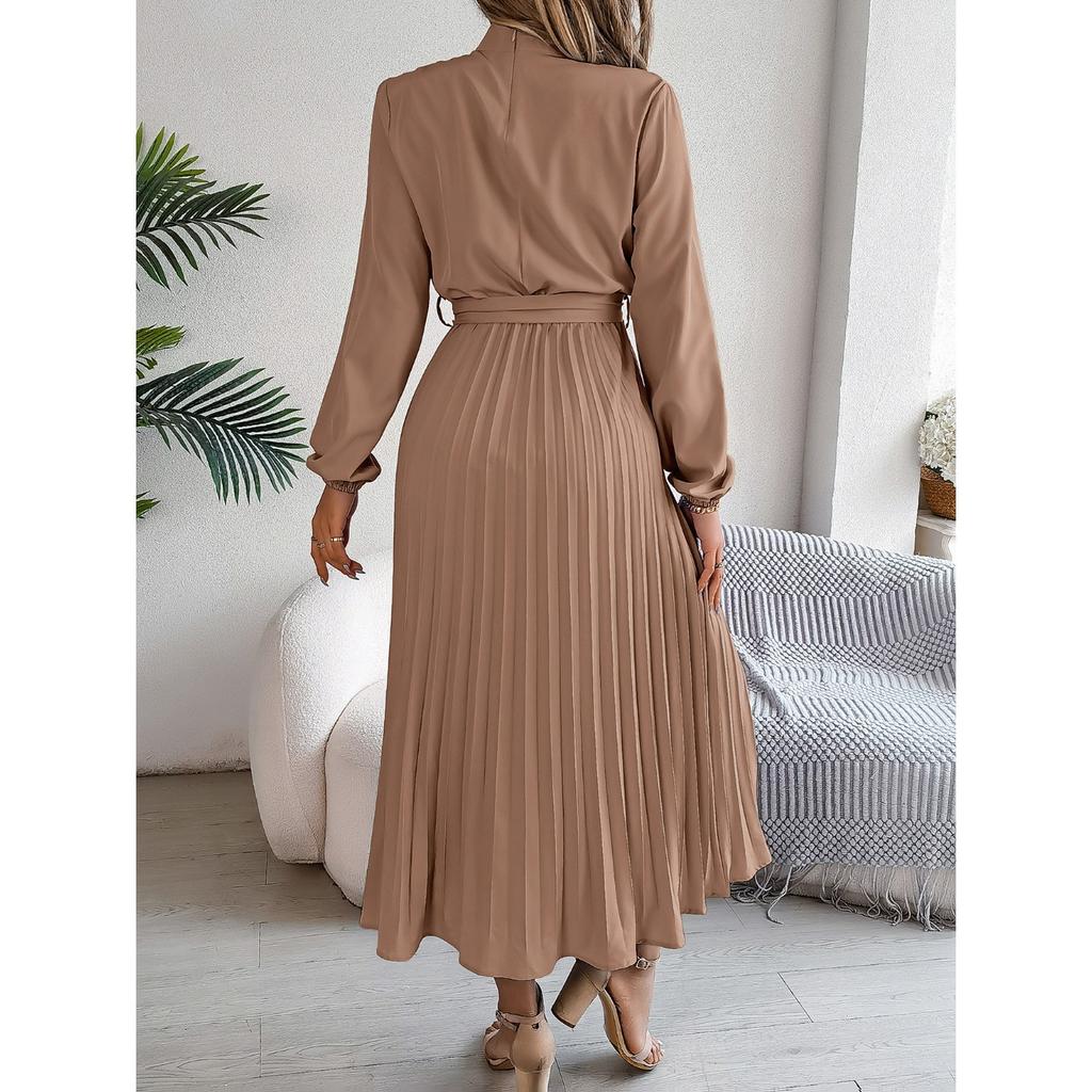 GMXIA Autumn and Winter Elegant Stand-up Collar, Long-sleeved, Cinched Waist, Pleated Long Dress and Cocktail Dress Women's Wear